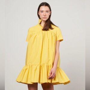 AVM Italian Designer Yellow Cotton Poplin Tiered Ruffle Dress, Size 44
